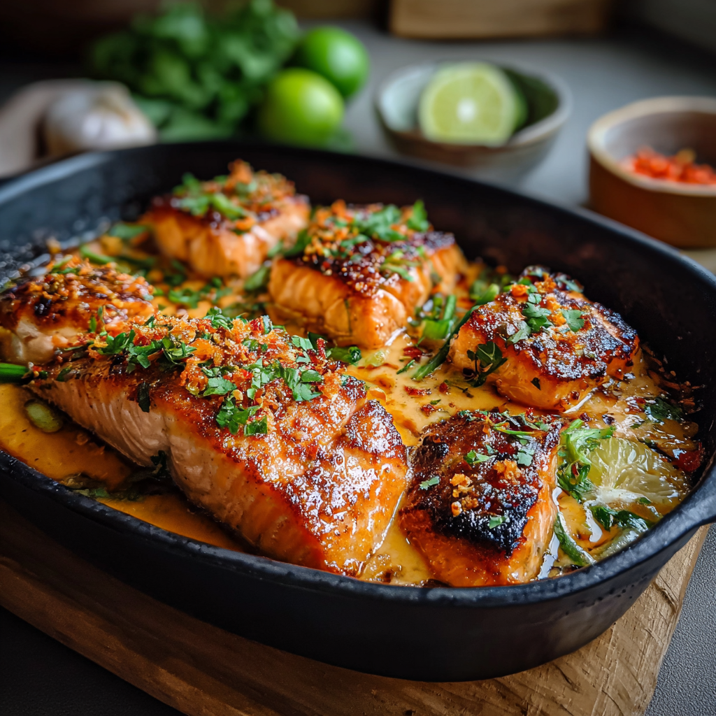Bang Bang Salmon plated with lime wedges and green onions