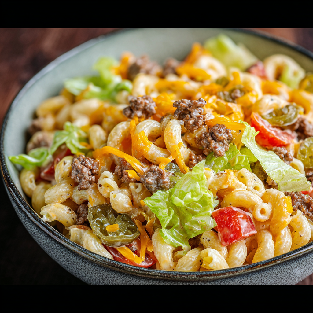 Bowl of Big Mac pasta salad with sesame garnish