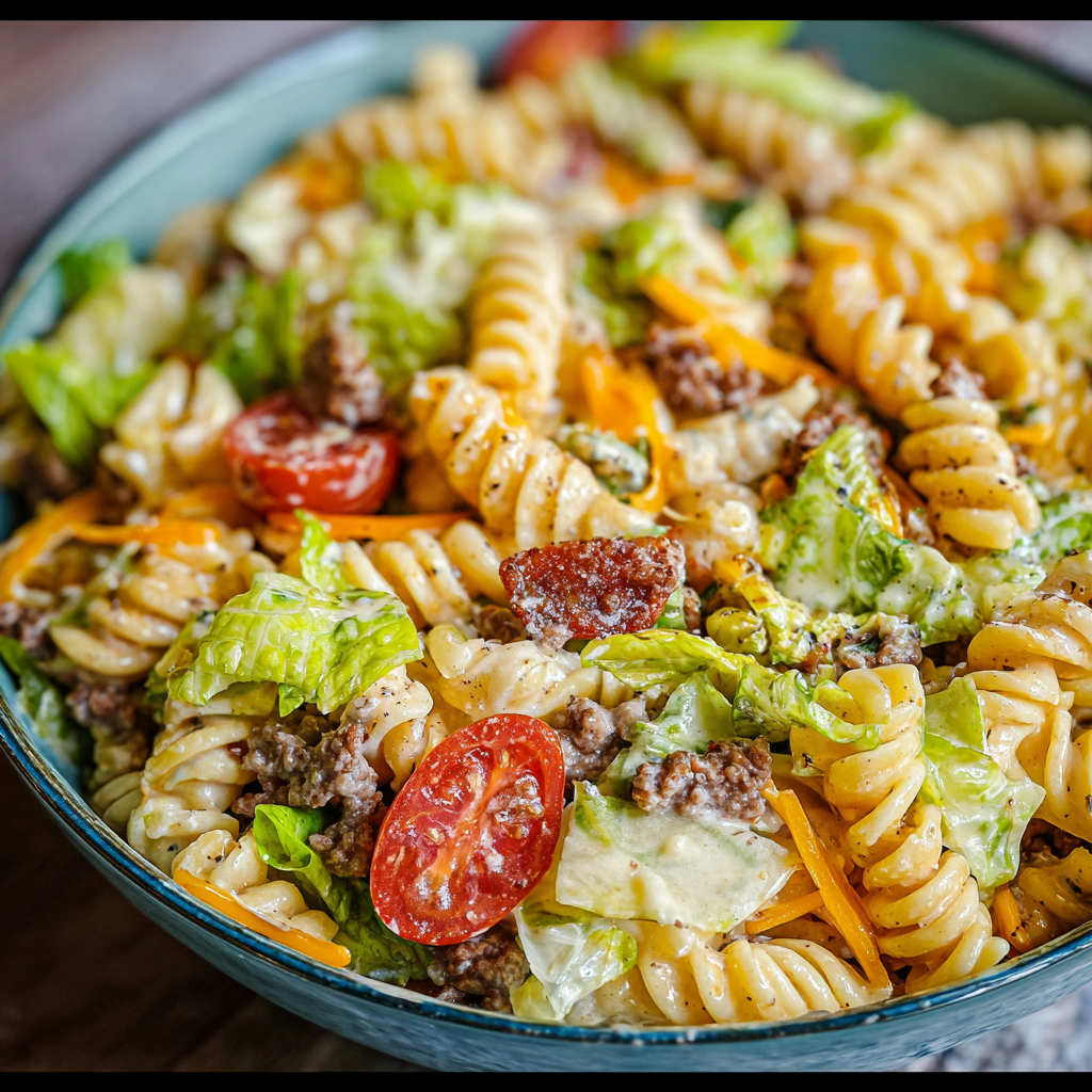Close-up of dressed pasta and chopped vegetables