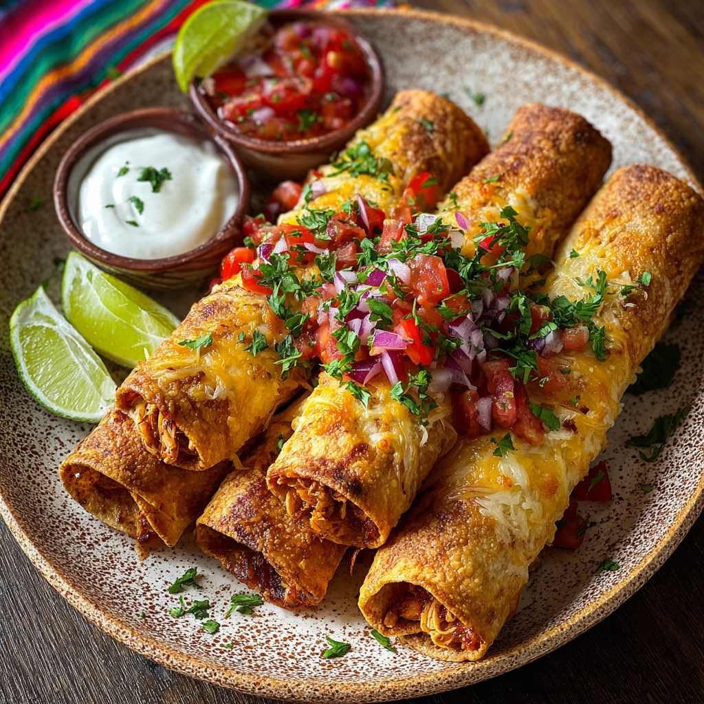 Taquitos on a baking sheet with dips