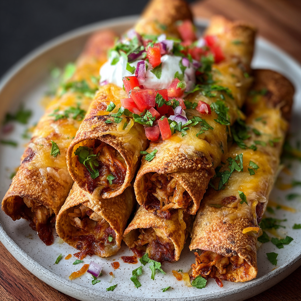 Close up of a taquito with dipping sauce