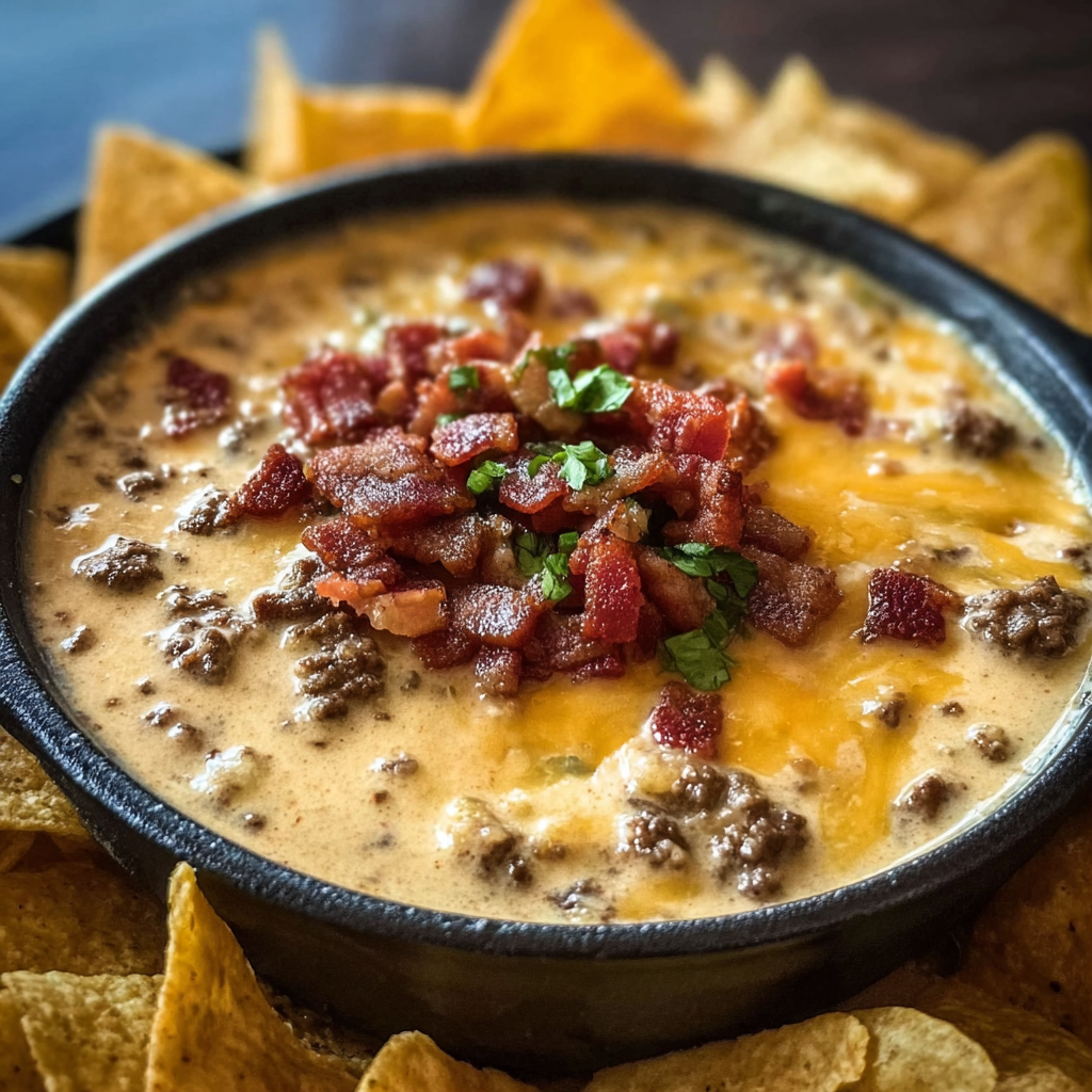 Sizzling bacon cheeseburger queso dip in skillet