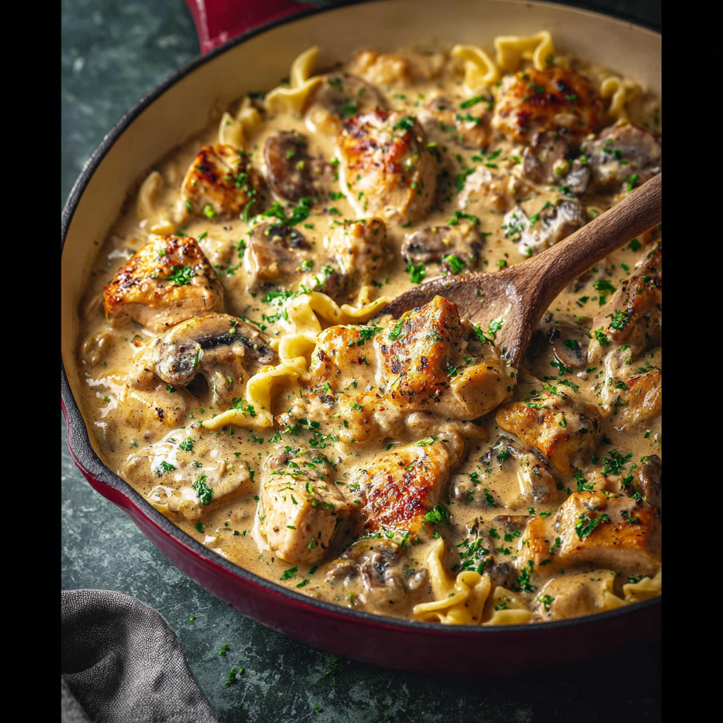 Creamy mushroom sauce spooned over chicken