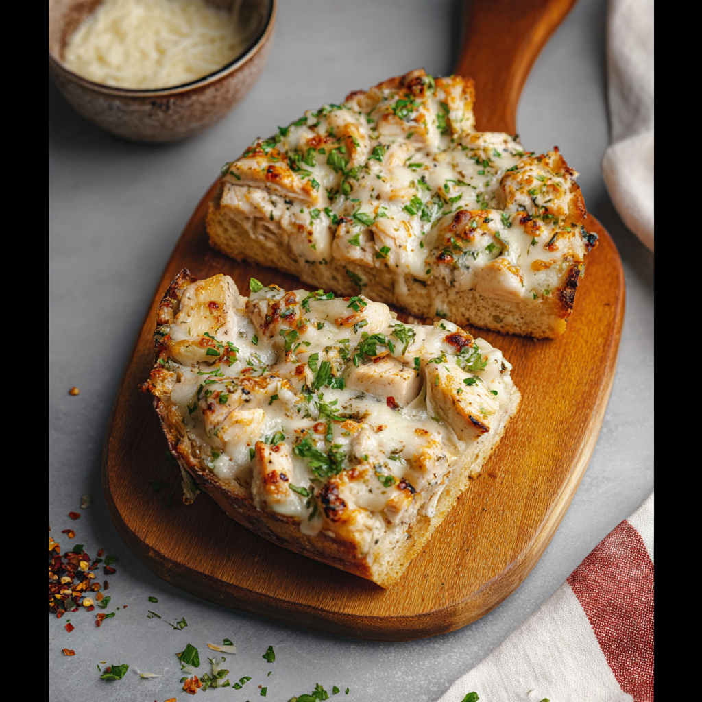 Chicken garlic bread alfredo close up