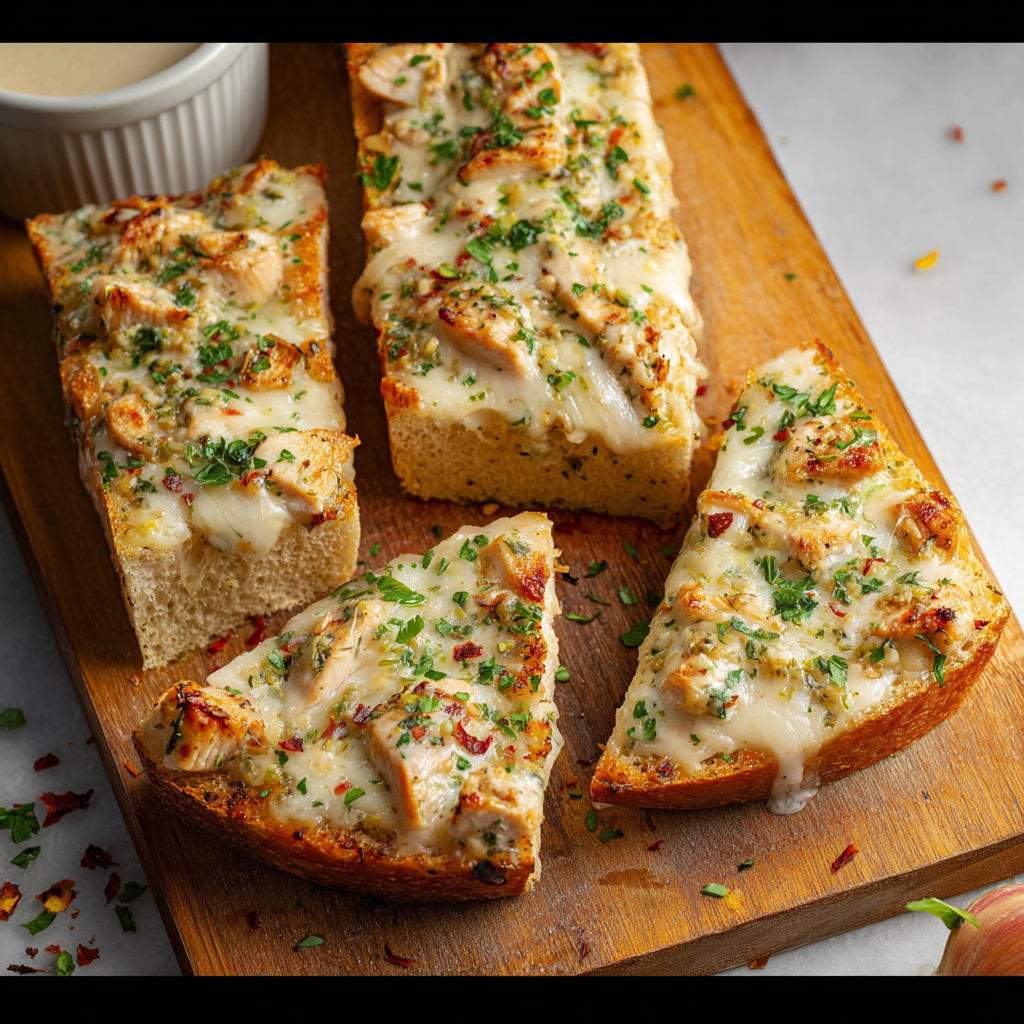 Served chicken garlic bread alfredo on a board