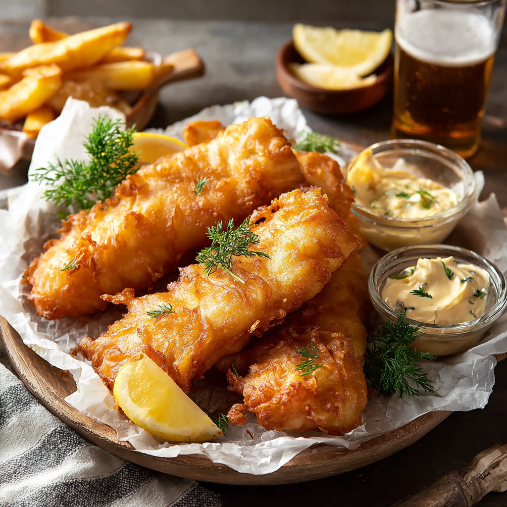 Crispy beer battered fish on a plate with lemon wedges