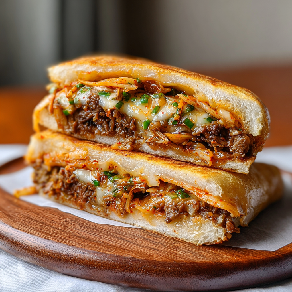 Beef and kimchi sandwich with melted cheese