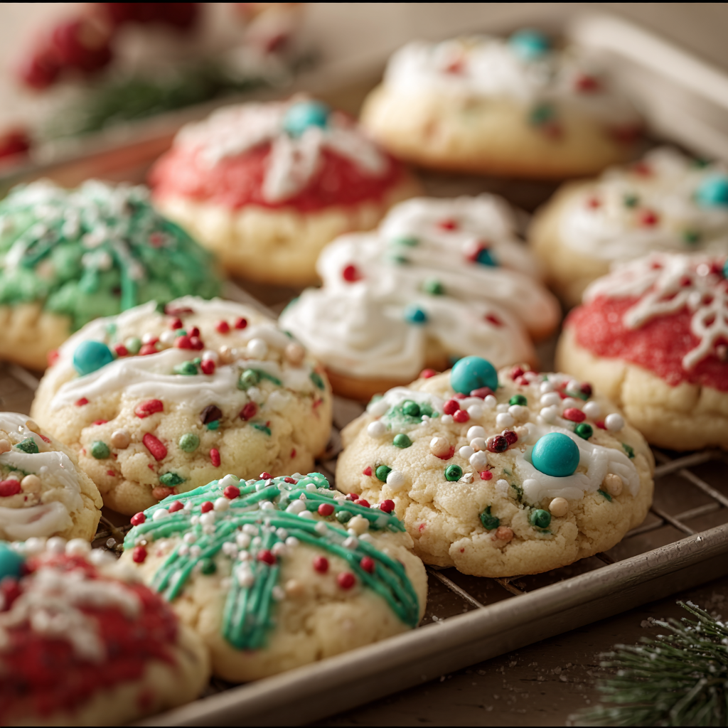 Close up of a decorated Cake Mix Christmas Cookie with sprinkles
