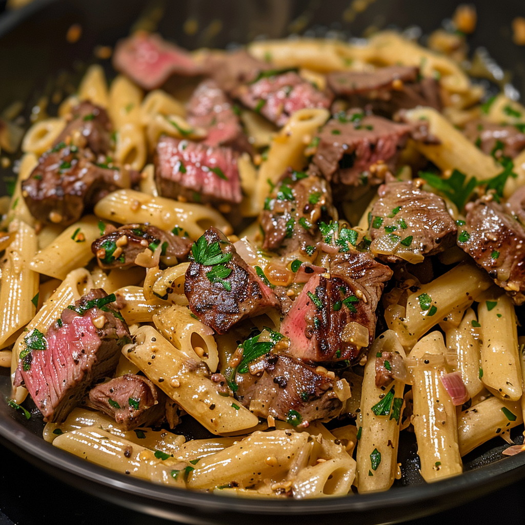 One-Skillet Spicy Garlic Butter Parmesan Steak Pasta