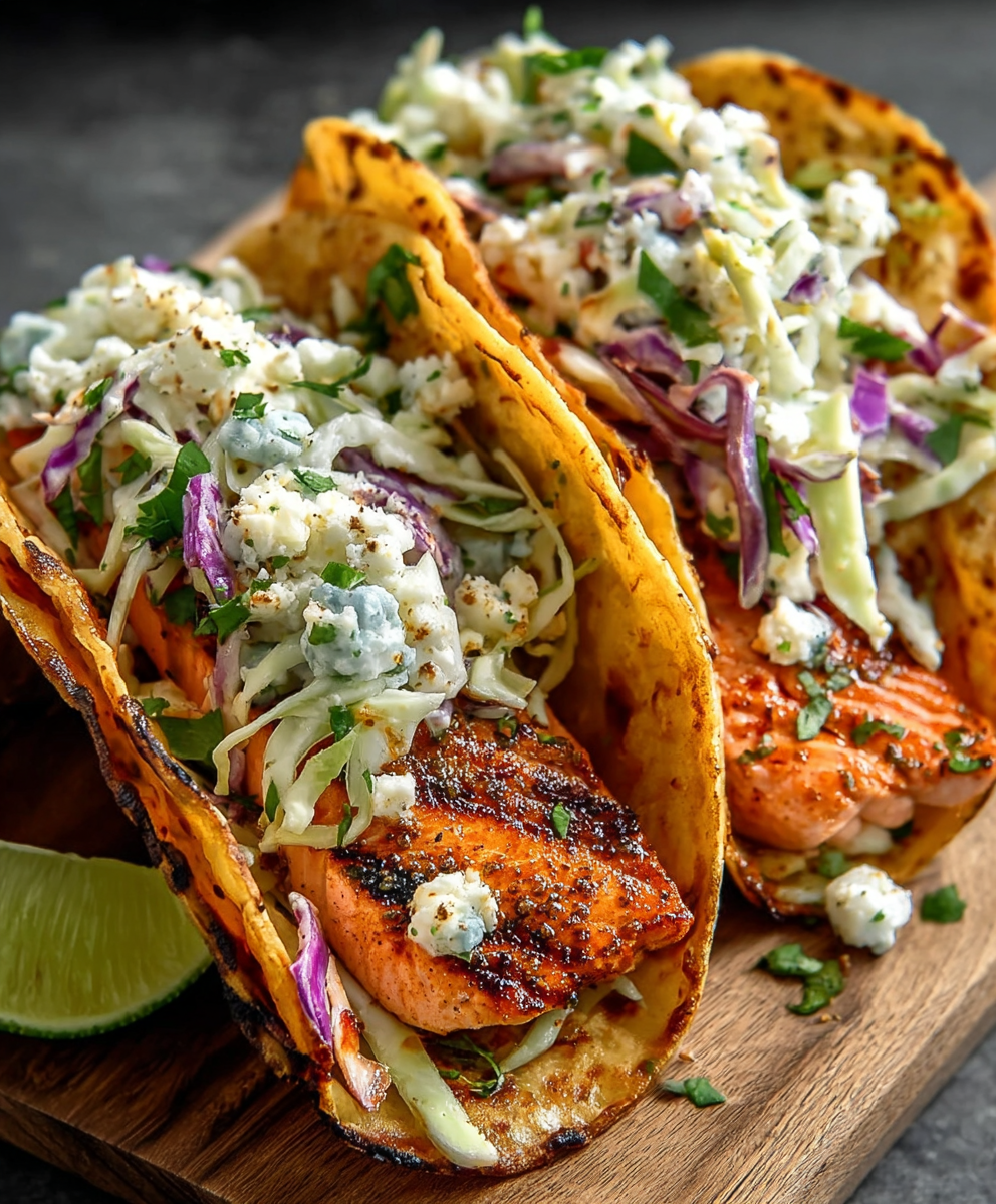 Air Fryer Salmon Tacos with Fresh Lime Slaw
