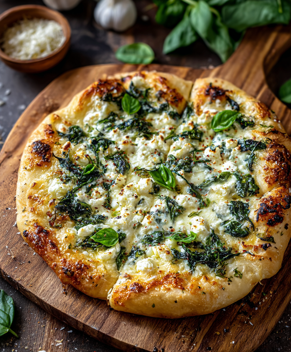 Greek Roasted Garlic Spinach White Pizza
