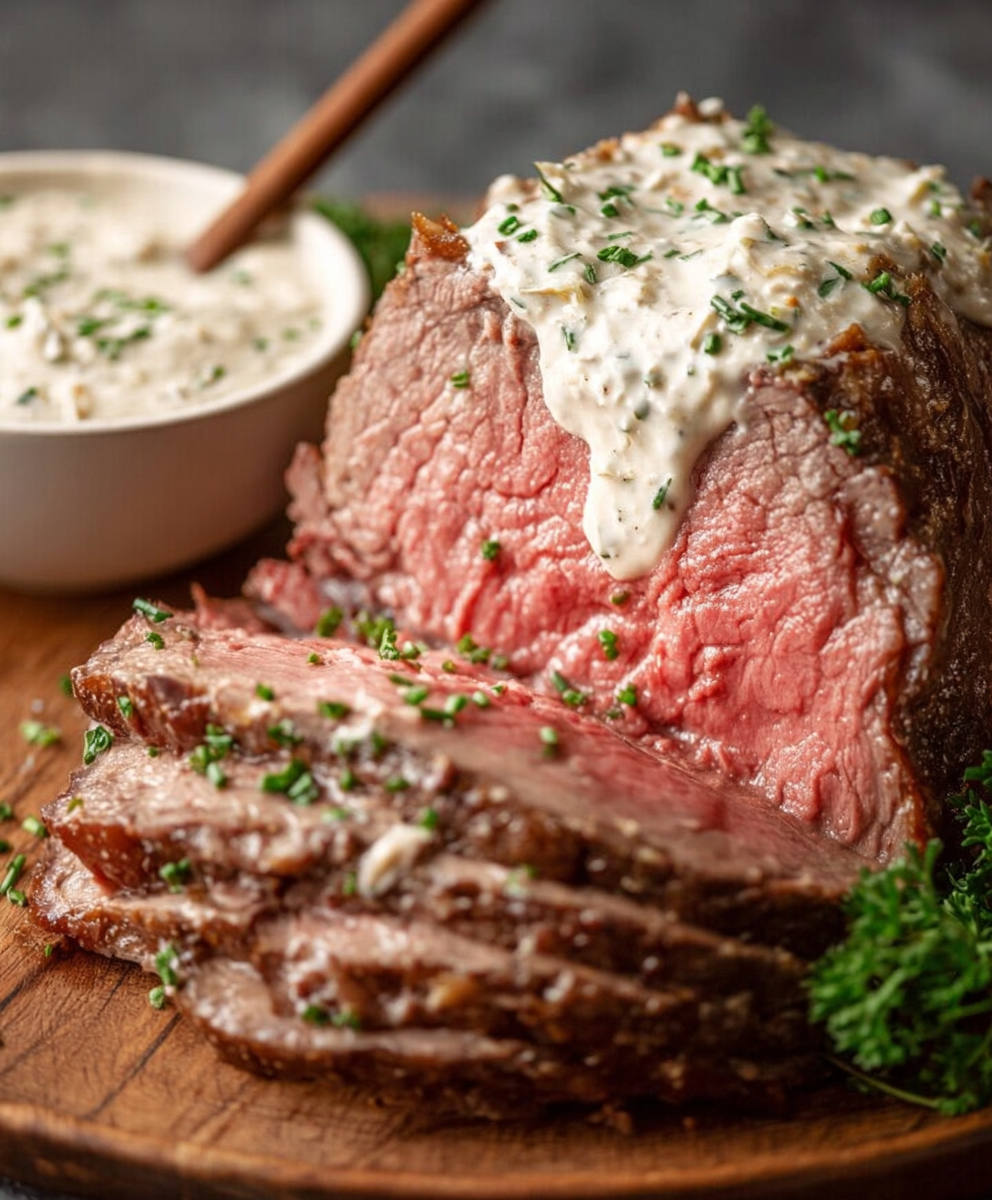 Small mason jar of horseradish sauce on countertop