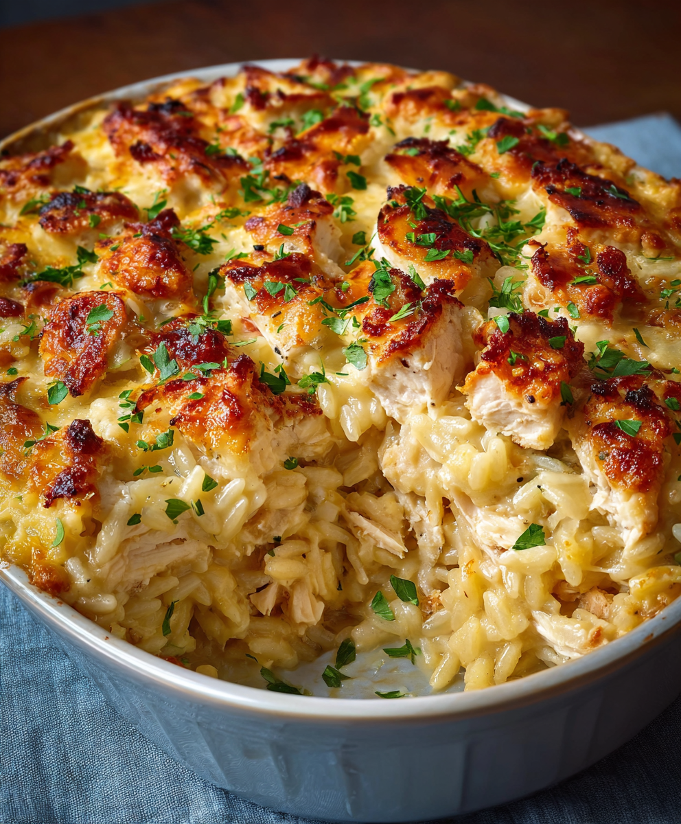 Dump-and-Bake Chicken Alfredo Rice Casserole