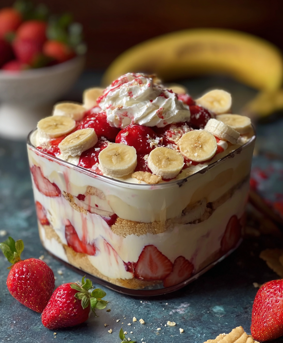 Close-up of pudding layers with fruit
