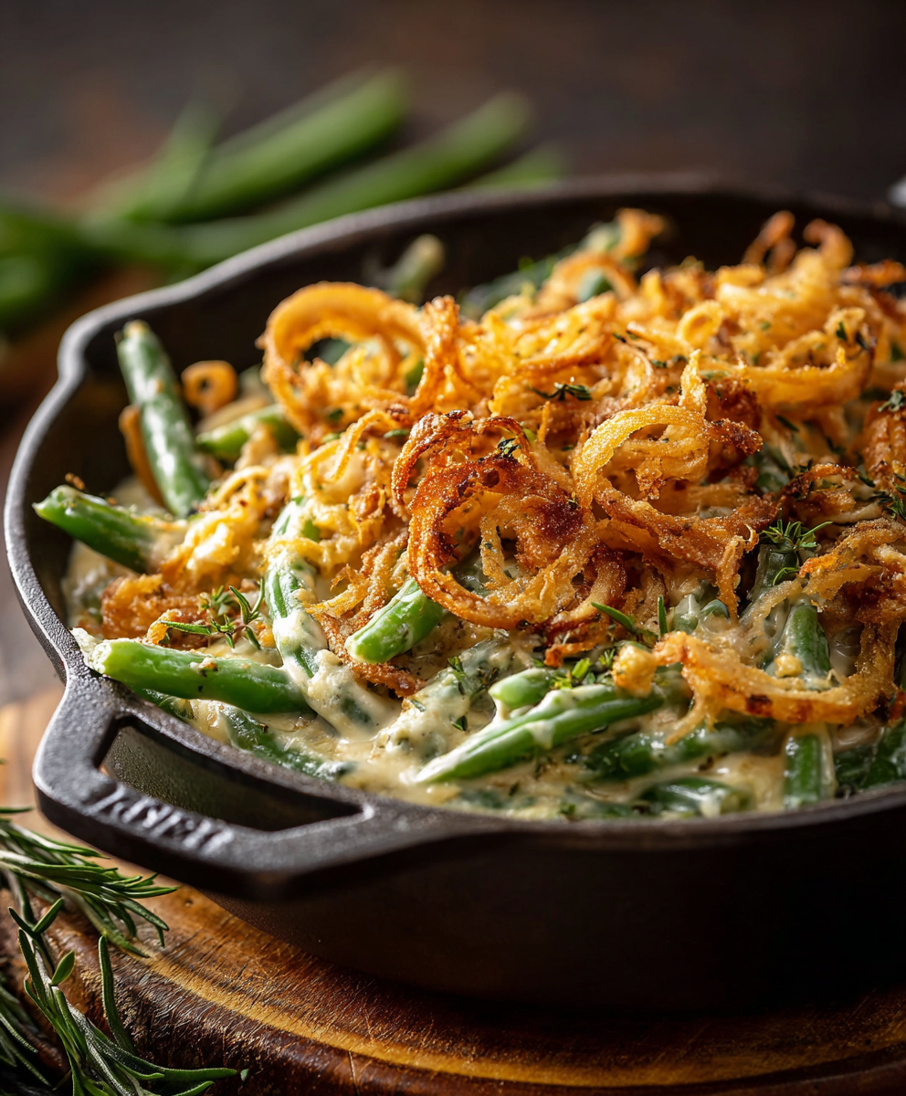 A baked green bean casserole topped with crispy fried onions