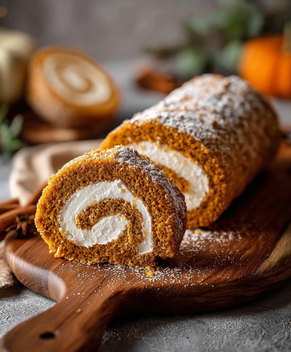 Sliced pumpkin roll on serving board