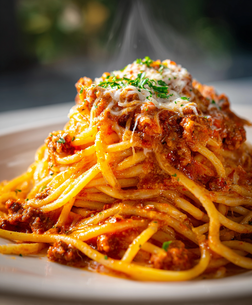 Million Dollar Spaghetti in baking dish, hot and bubbly