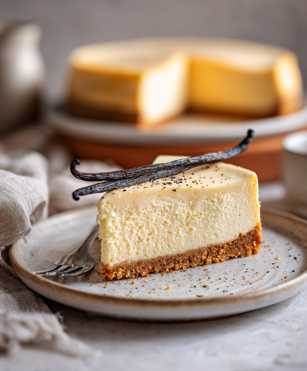 Vanilla bean brown butter cheesecake slice on plate