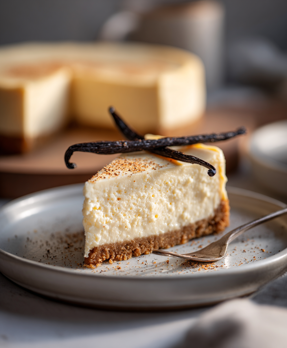 Close-up of cheesecake top with vanilla flecks