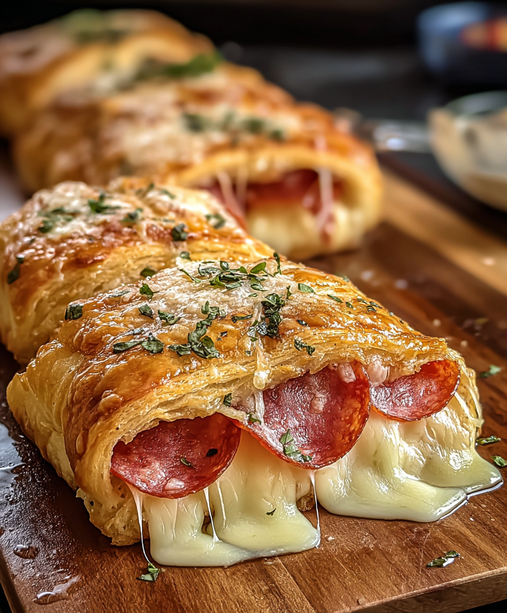 Italian crescent roll sandwich bake sliced in a baking dish