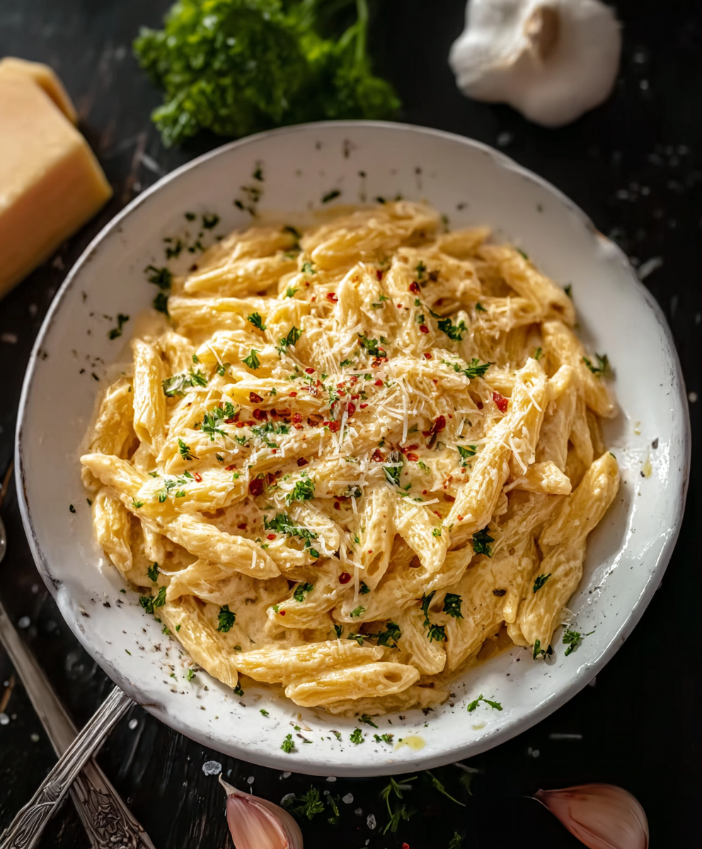 Dry pasta and fresh garlic on a kitchen counter