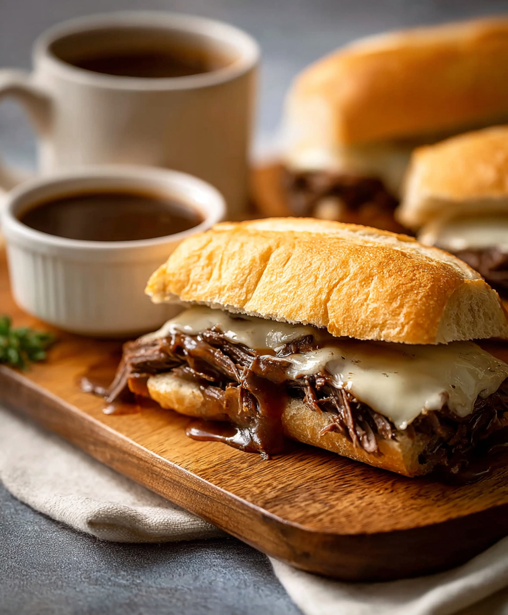 Slow cooker with rich au jus and shredded beef