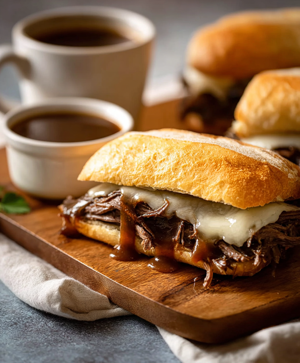 Closeup of sliced rolls ready for french dip