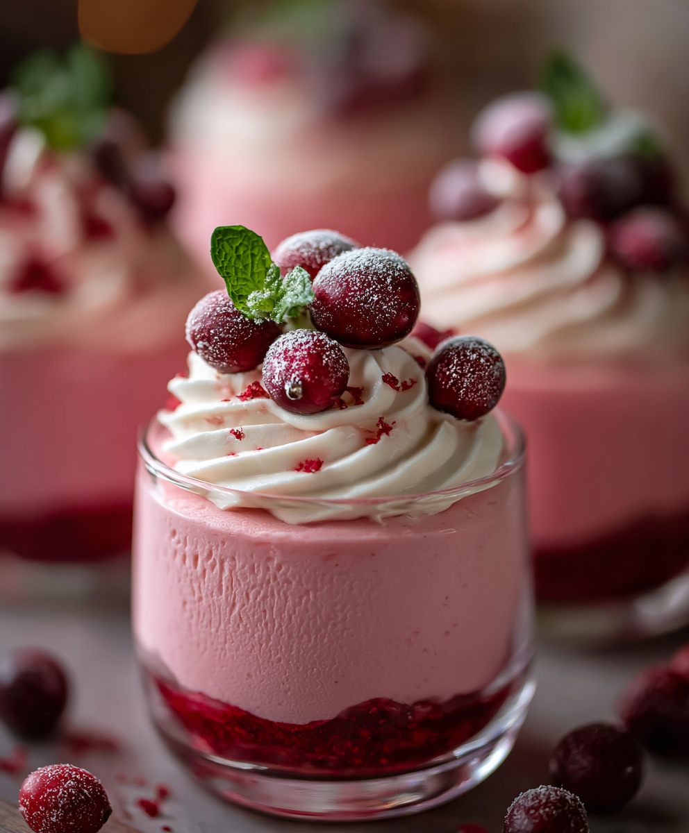 Finished cranberry mousse cups with mint