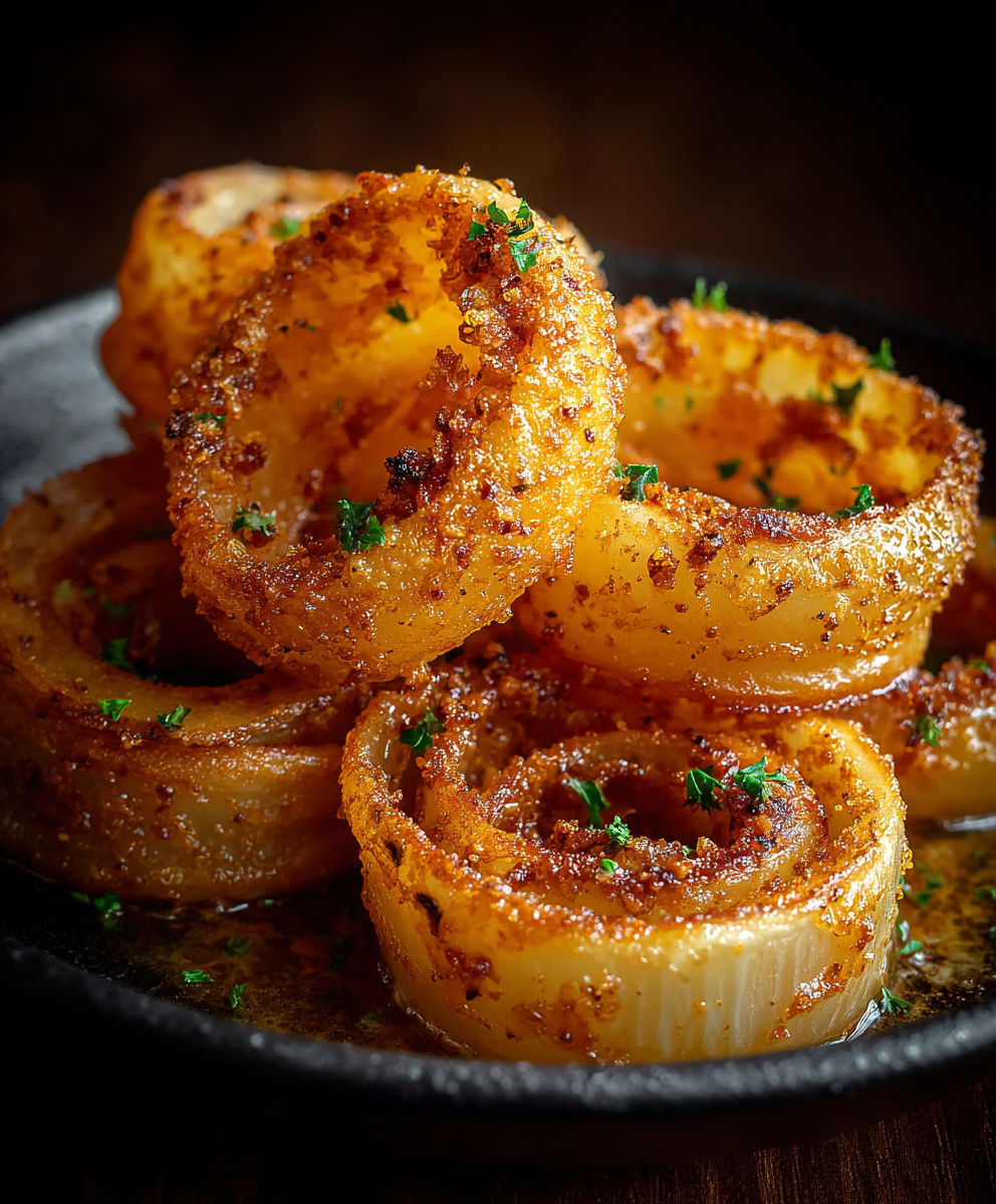 Close up of cheesy Tennessee Onions with bubbling cheese