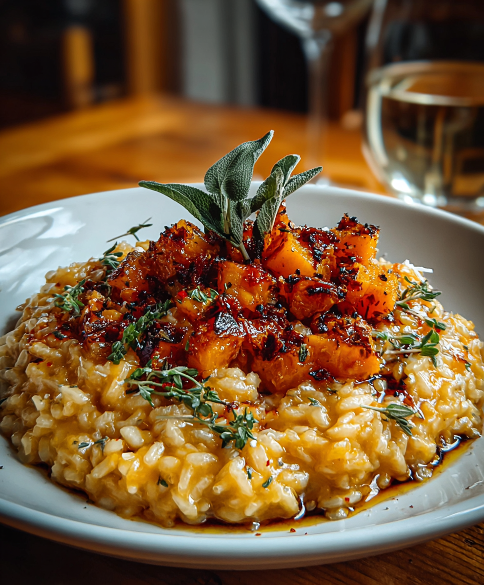 Plate of risotto with fresh sage garnish