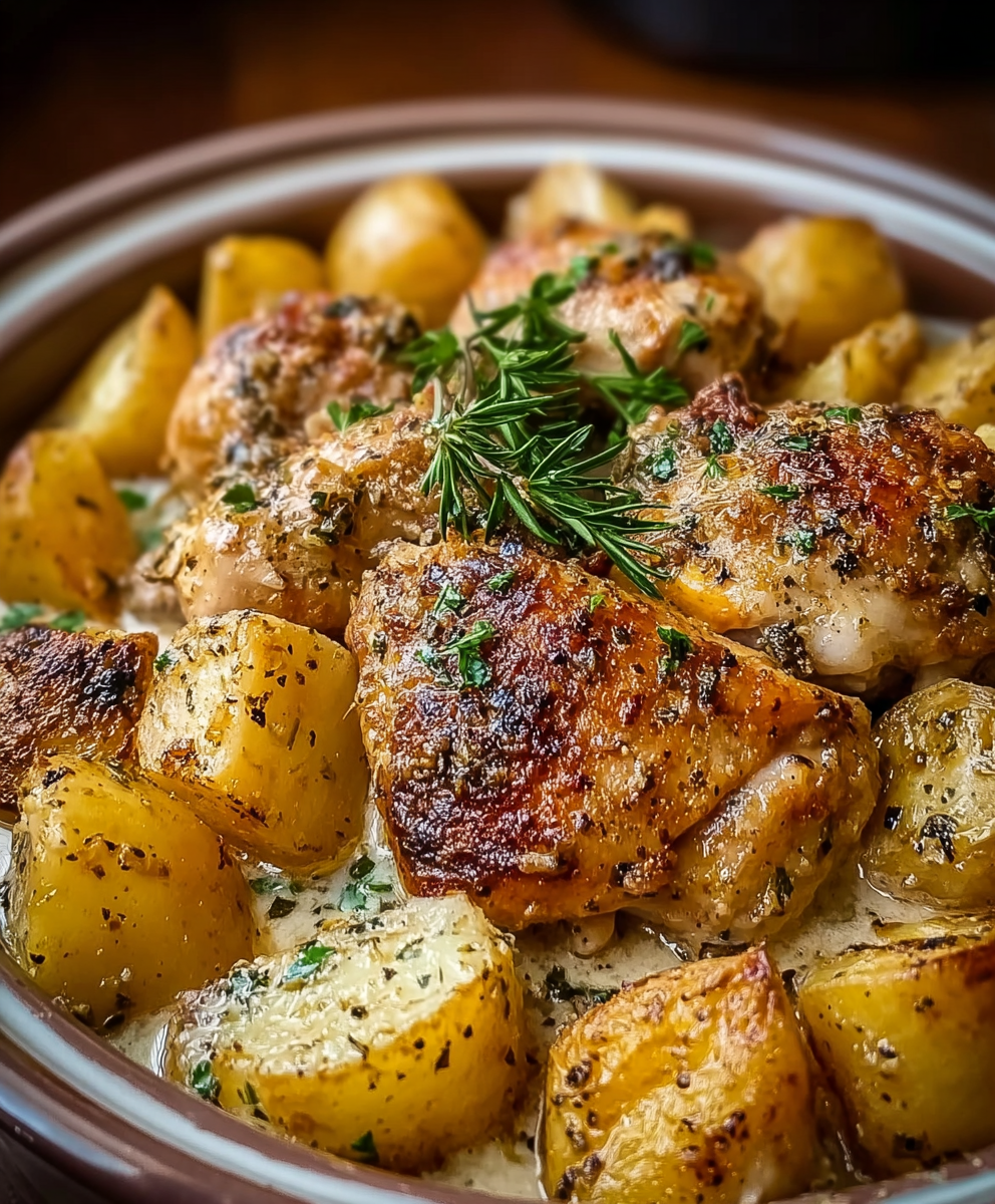 Plated Garlic Parmesan Crockpot Chicken and Potatoes