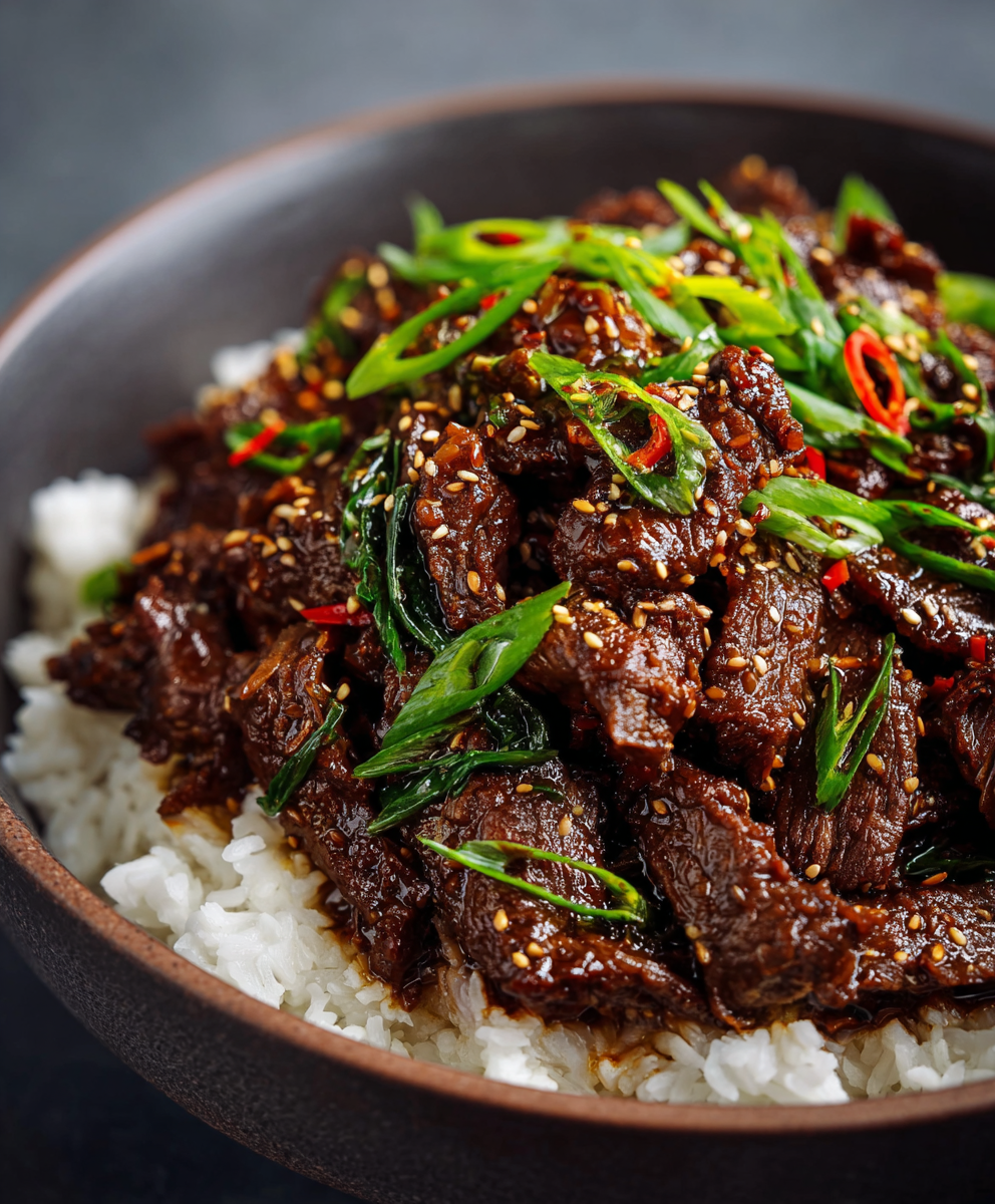 Served Korean beef with rice and garnishes