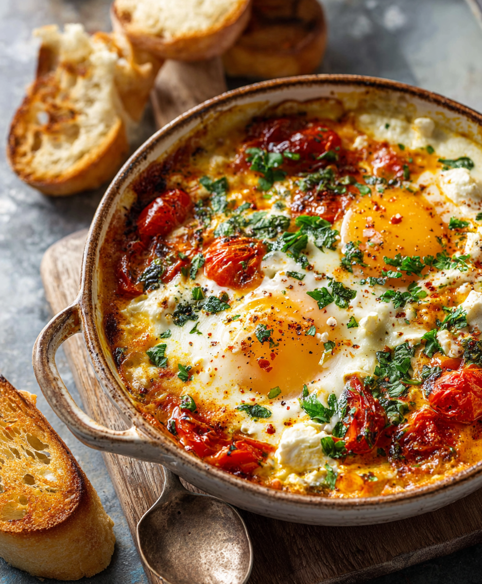 Close-up of roasted tomatoes and feta