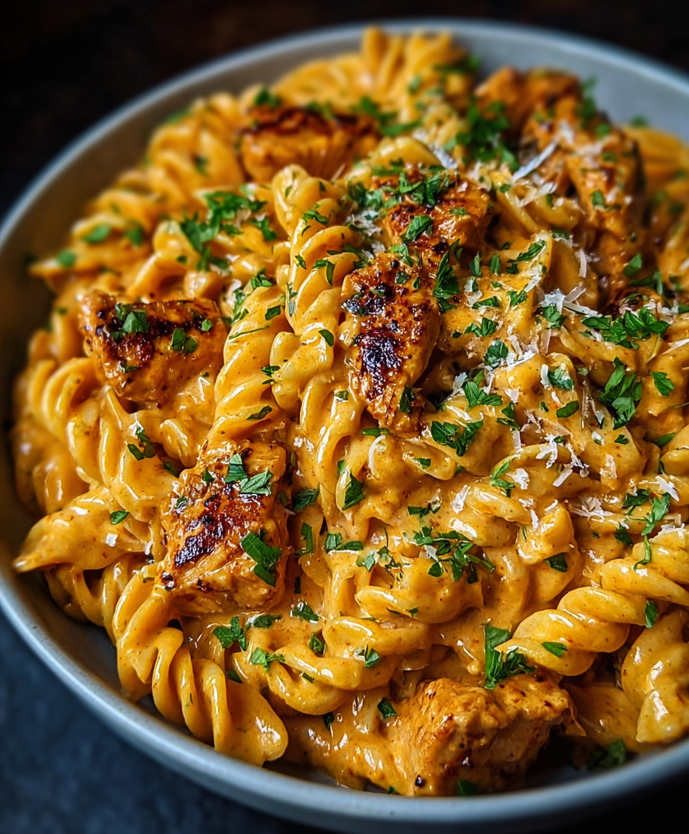 Finished Cowboy Butter Chicken Pasta plated with parsley