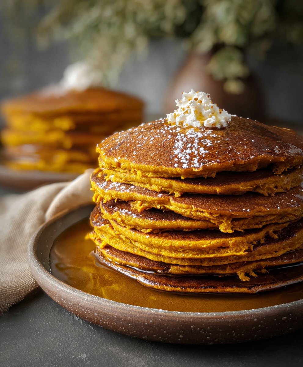 Golden pumpkin pancakes stacked with syrup