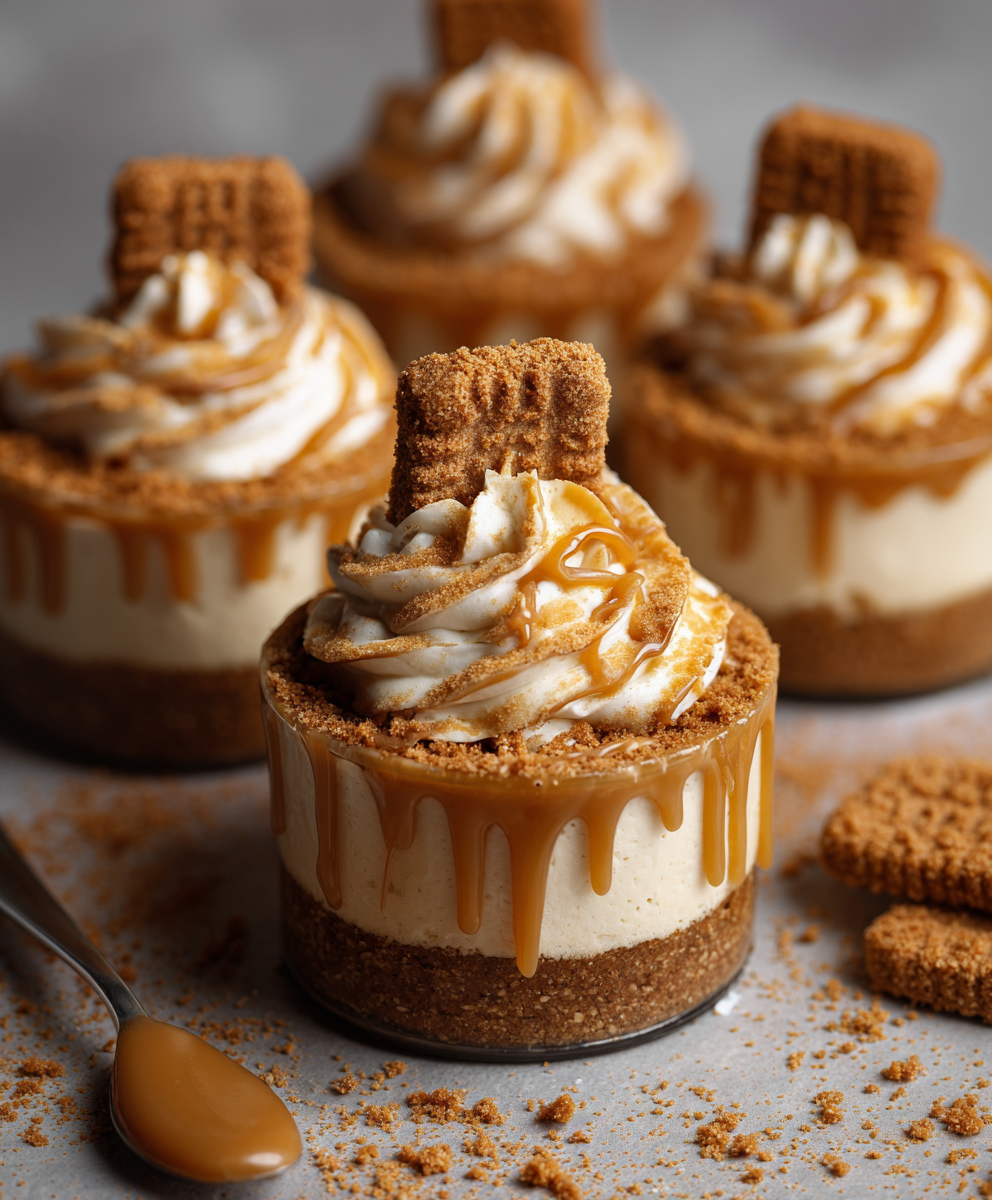 Biscoff cheesecake cups with cookie crumbs and drizzle