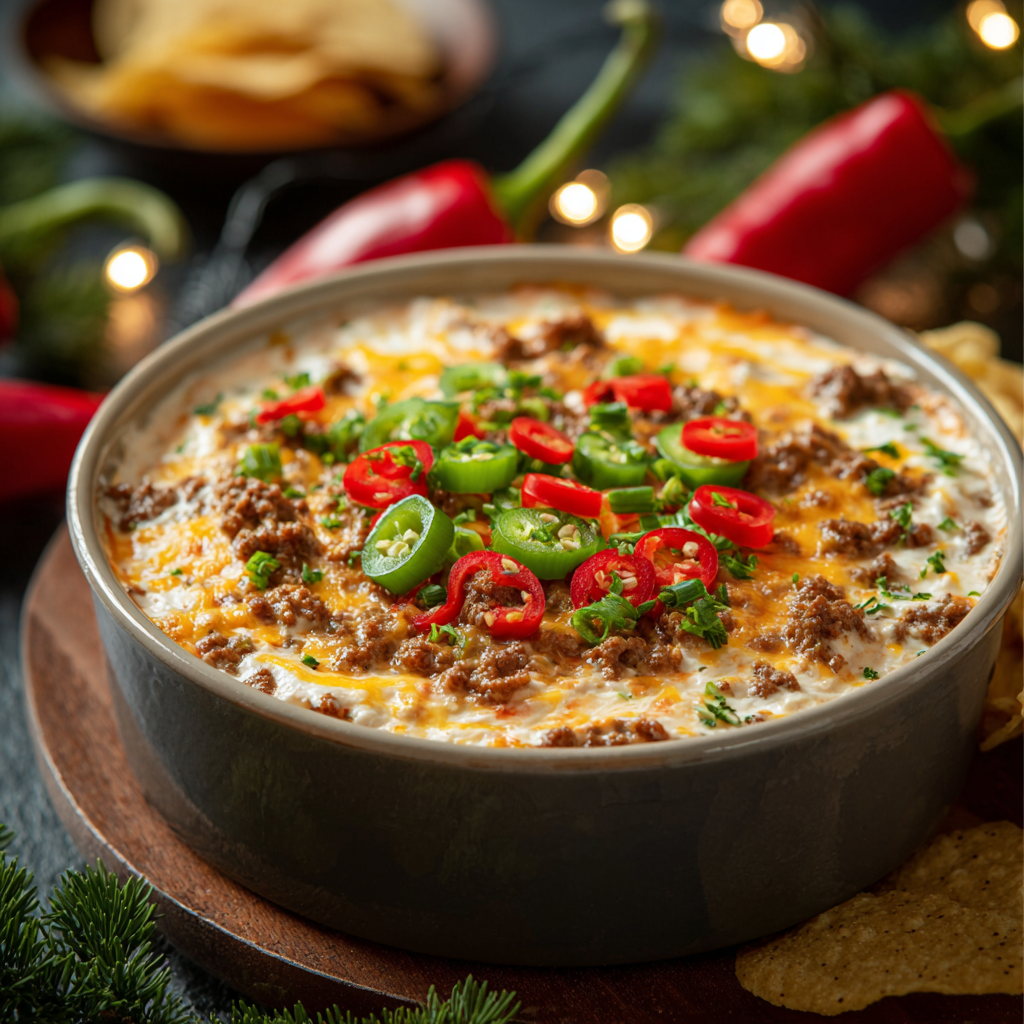 Close-up of dip showing peppers and cheddar