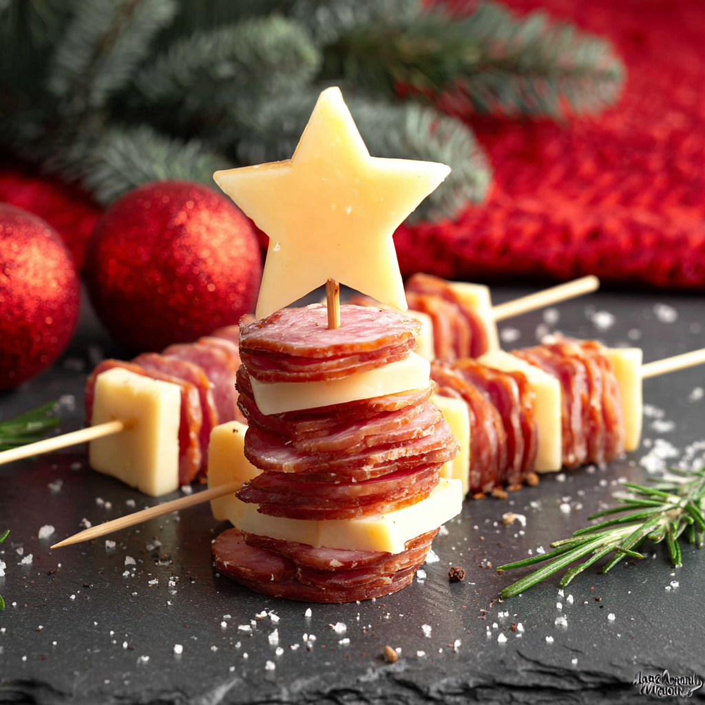 Close-up of assembled meat and cheese star skewers