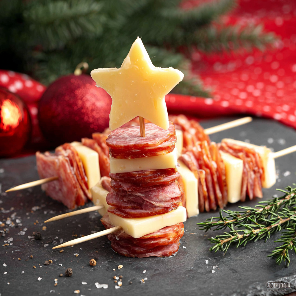 Tray of star-topped meat and cheese skewers on a festive platter
