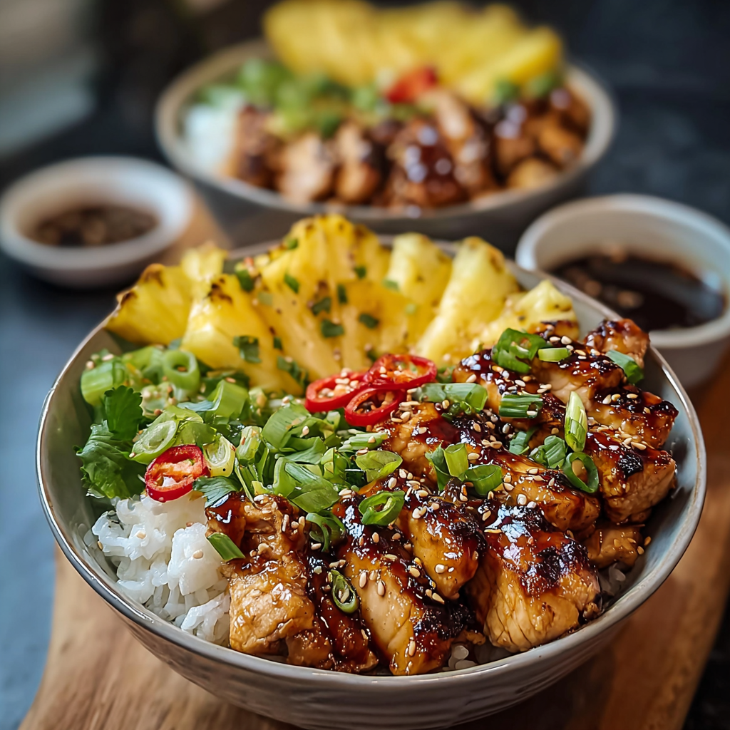 Completed teriyaki bowls served with rice