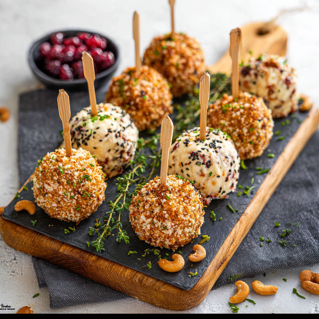 Assorted mini cheese balls on a serving board