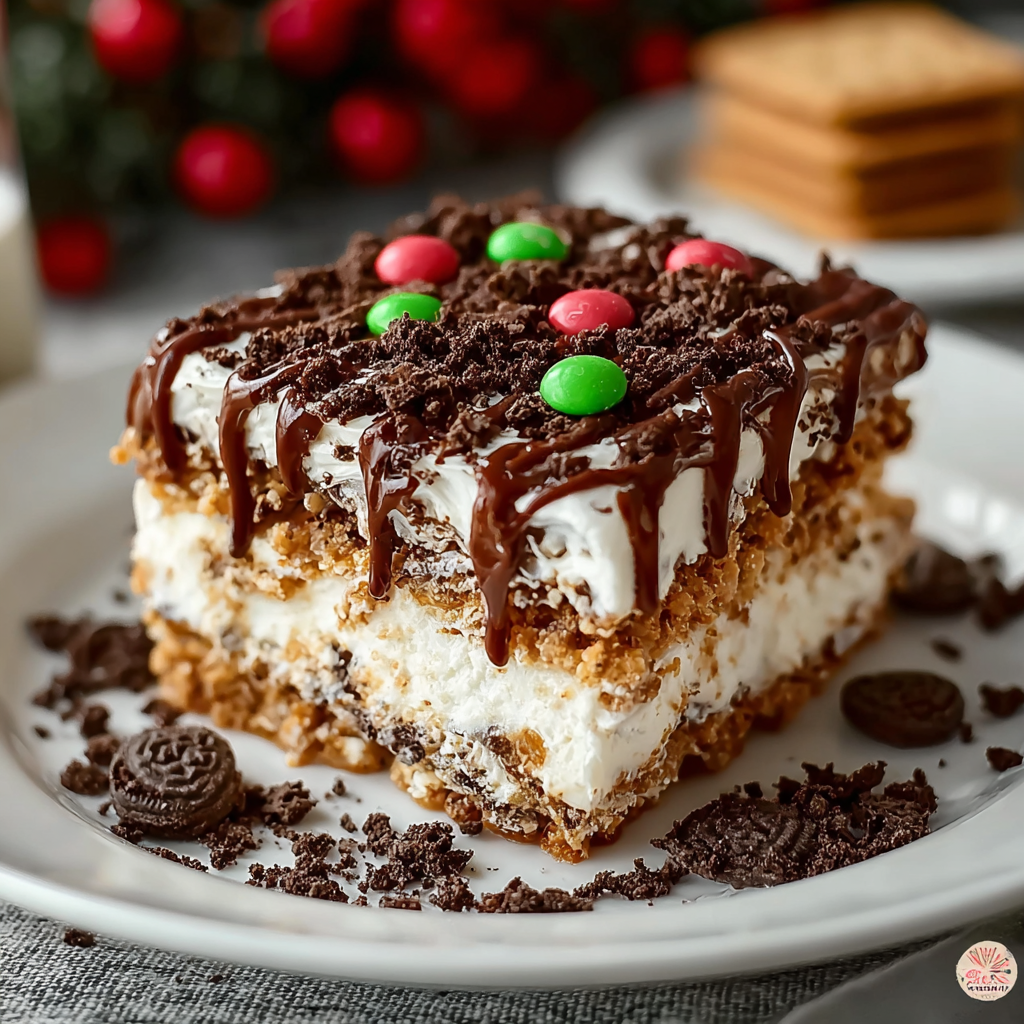 Layered no-bake dessert in a 9 by 13 pan with sprinkles