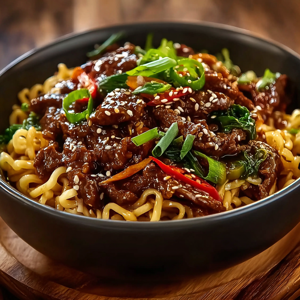 Sticky beef noodles in skillet