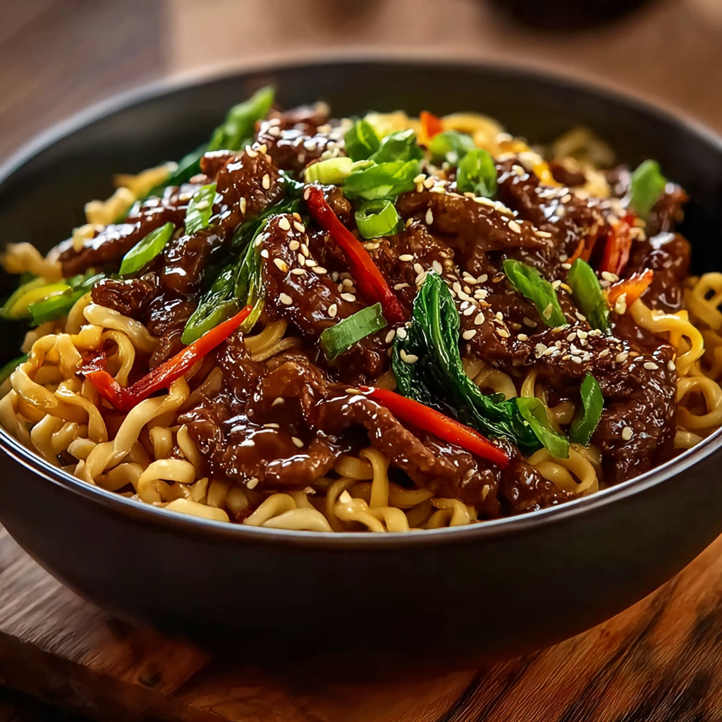 Garnished beef noodles with green onions