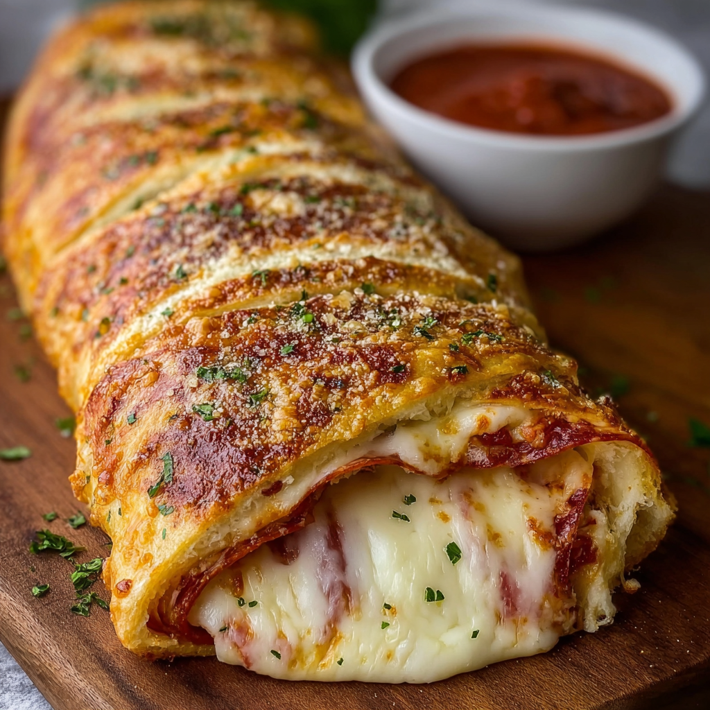 A freshly baked stromboli sliced on a wooden board