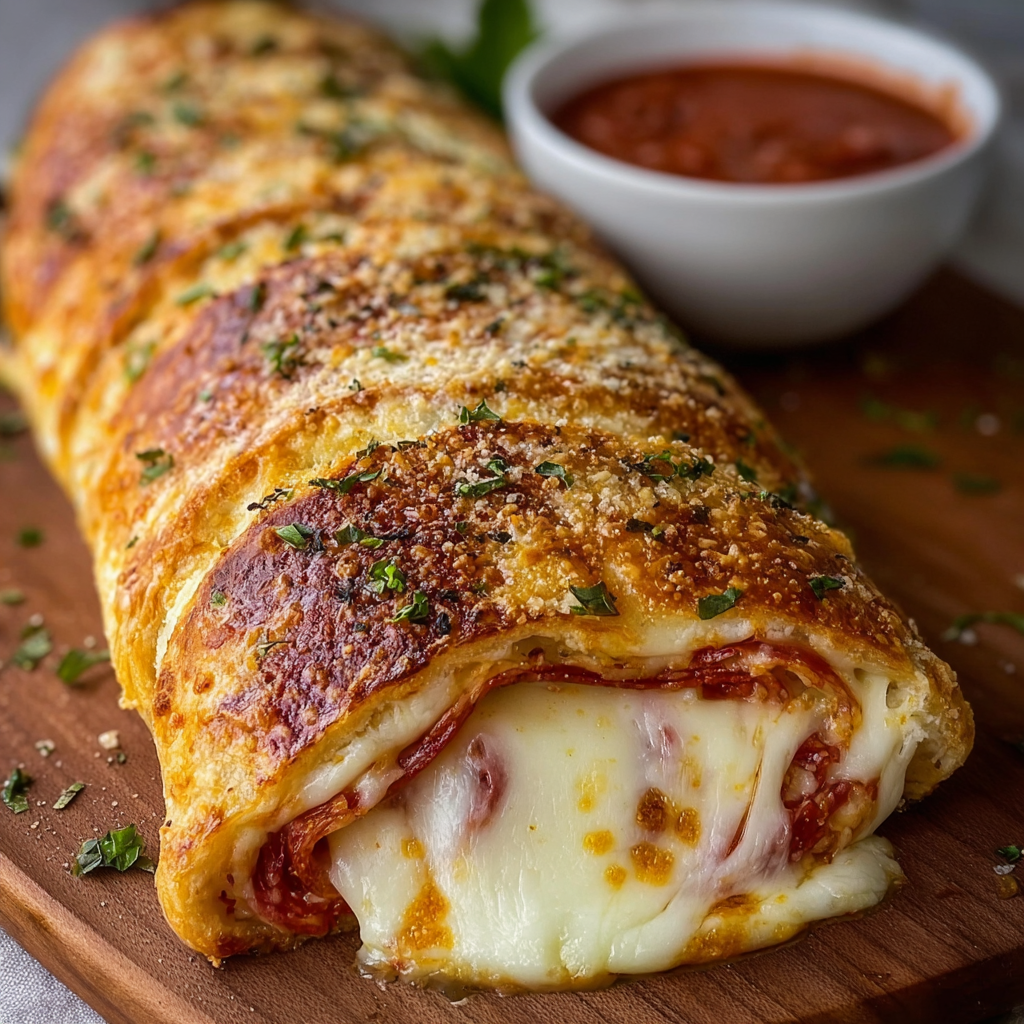 Close-up of stromboli filling and melted cheese