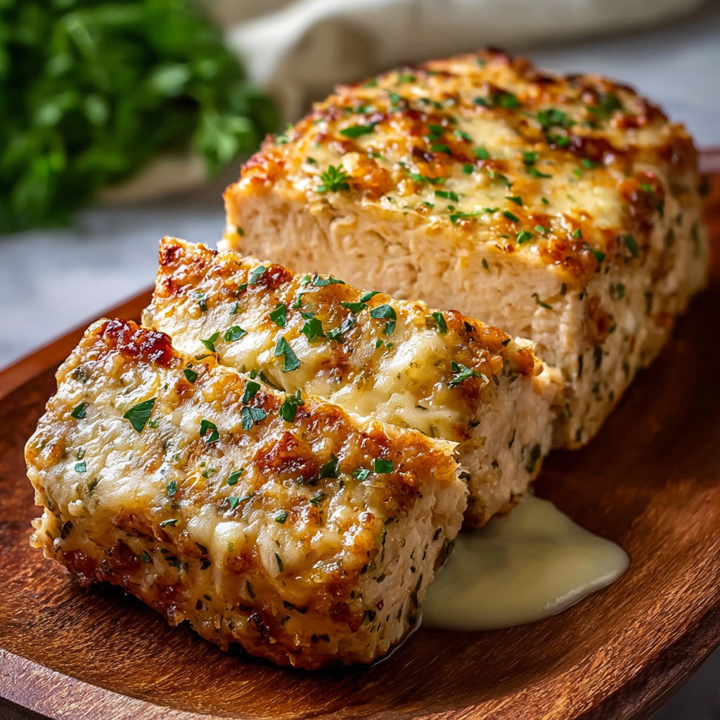 Close-up of cheesy topping on chicken loaf