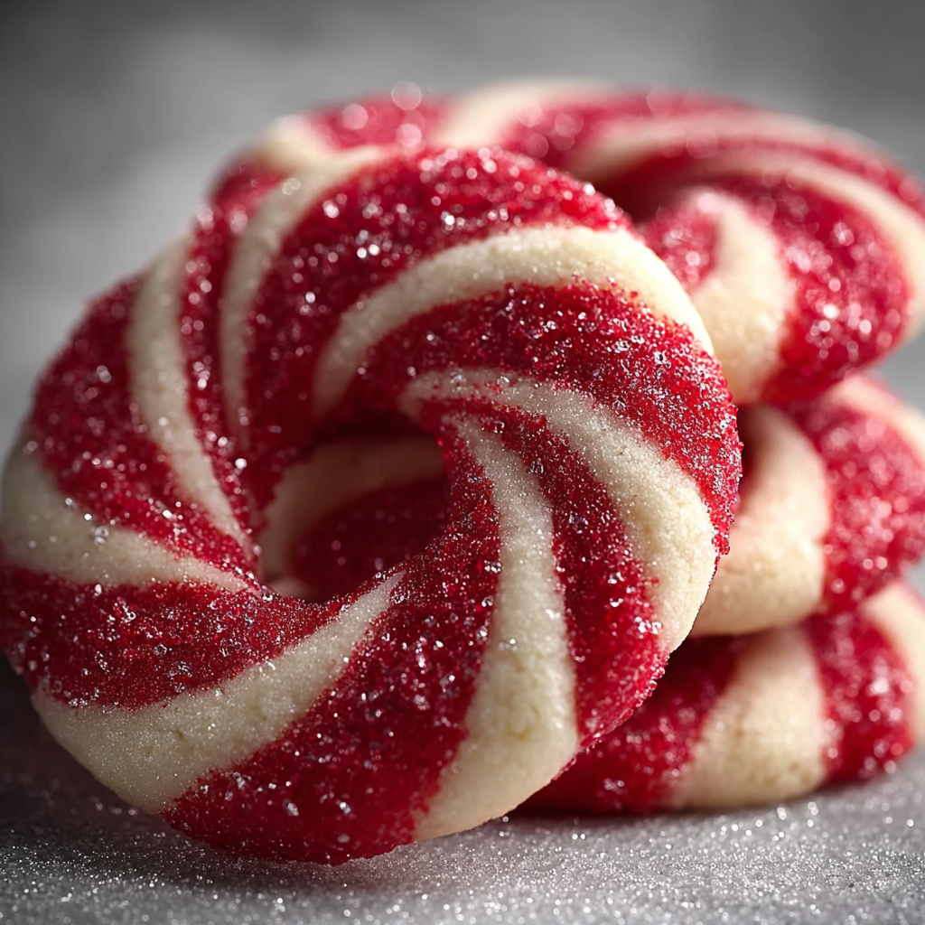 Freshly baked candy cane cookies on a tray
