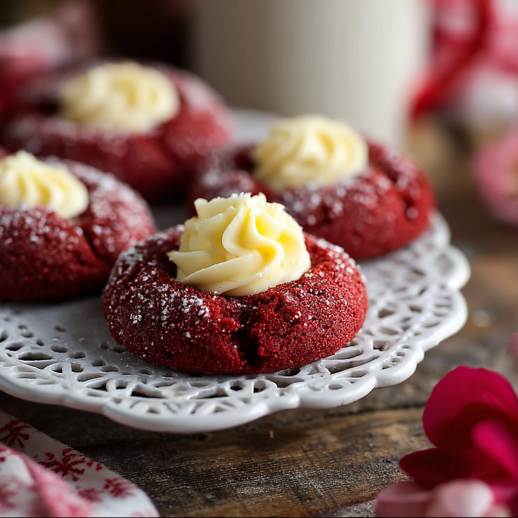 Close-up of a thumbprint cookie with cream cheese filling