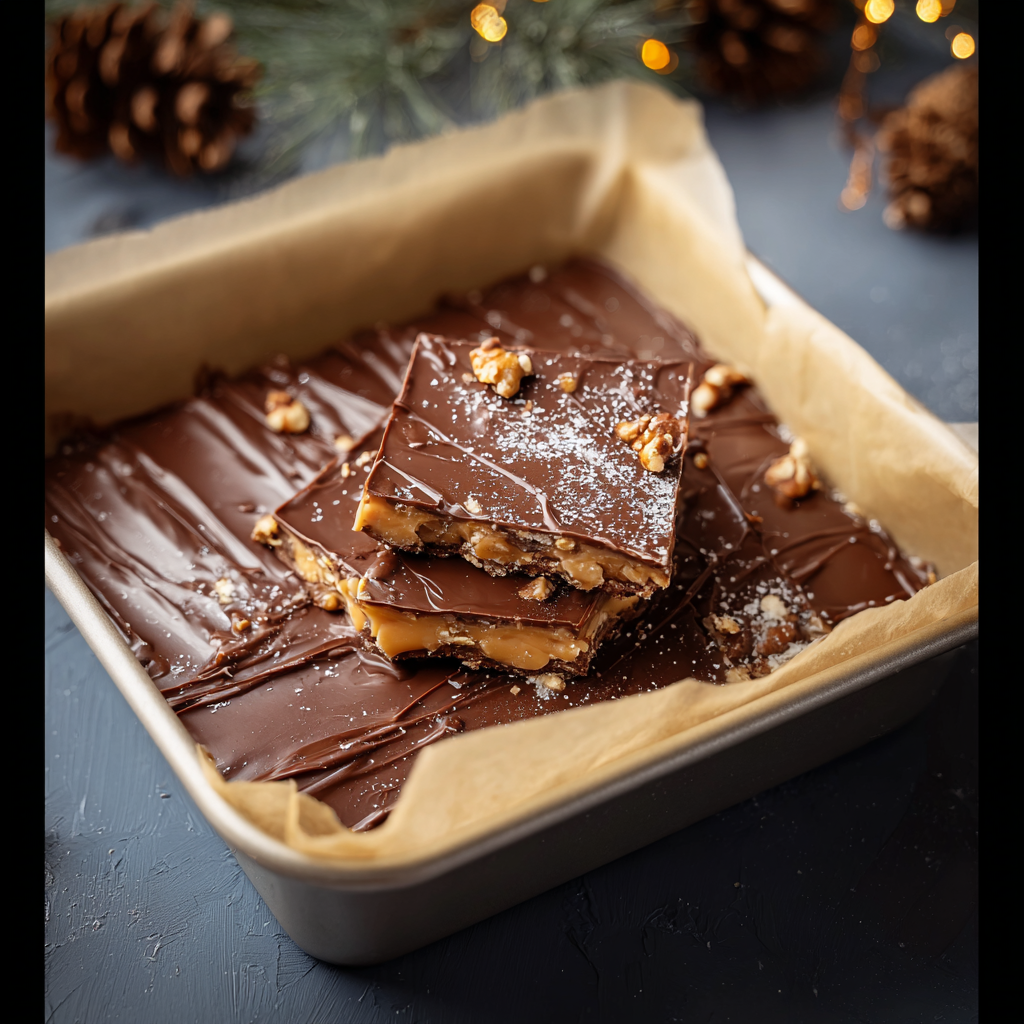Close-up of chocolate-topped toffee